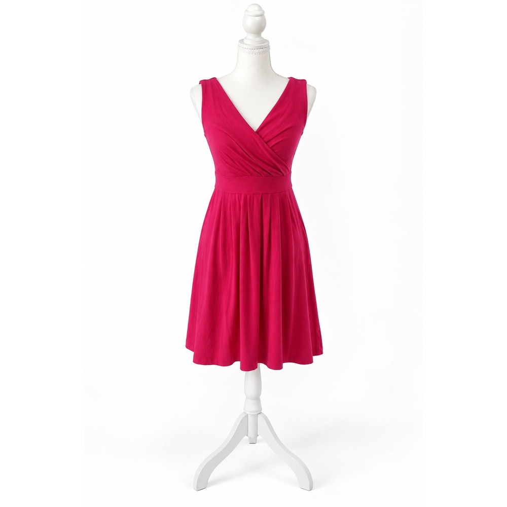 Lands' End Hot Pink Faux Wrap Fit & Flare Dress XS/P 2-4 Sleeveless V Neck